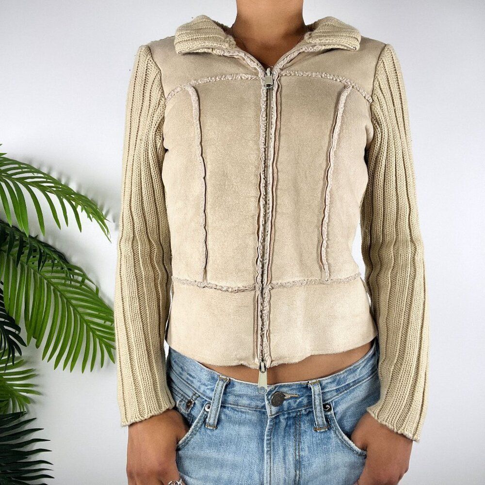 Women's Vintage Y2K Beige Boho Hippie Patchwork Knit Faux Suede Fitted Jacket /S - Picture 5 of 8